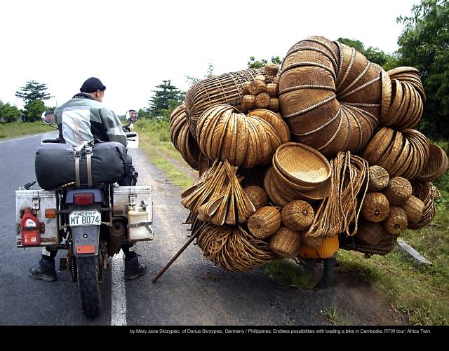 by Mary Jane Skrzypiec, of Darius Skrzypiec, Germany / Philippines; Endless possibilities with loading a bike in Cambodia, RTW tour; Africa Twin.