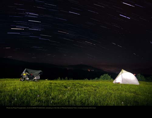 Photo by Poya Pourghaderi, Canada; of 2010 BMW R1200GSA; camping on the hills of Plitvice National Park, Croatia; Europe 2012 tour.