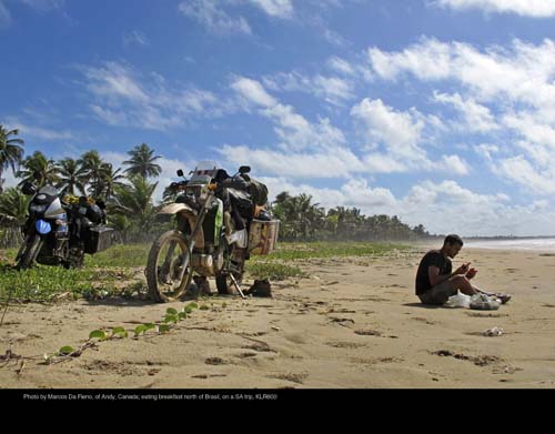 Photo by Marcos Da Fieno, Peru; of Andy, Canada; eating breakfast north of Brasil, on a SA trip, KLR600.