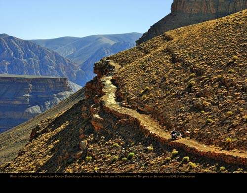 Photo by Hubert Kriegel (France) of Jean-Louis Grauby, Dades Gorge, Morocco, during the 8th year of "thetimelessride" Ten years on the road in my Ural Sportsman.