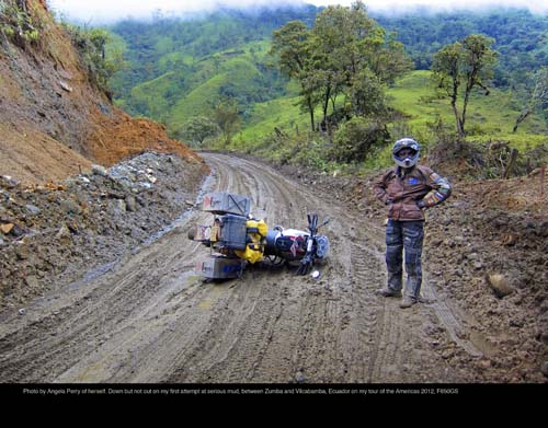 Photo by Angela Perry of herself. Down but not out on my first attempt at serious mud, between Zumba and Vilcabamba, Ecuador on my tour of the Americas, F650GS.