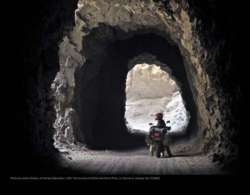 Photo by Austin Shelton, of Nishan Nalbandian, USA; The tunnels of Cañon del Pato in Peru, on Denver to Ushuaia ride, KLR650.