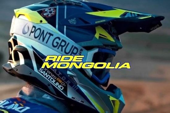 Ride Mongolia logo superimposed over rider's helmeted head.