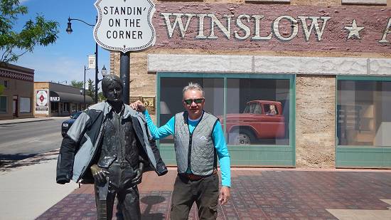 Walter Romanowski standing on the corner in Winslow Arizona.