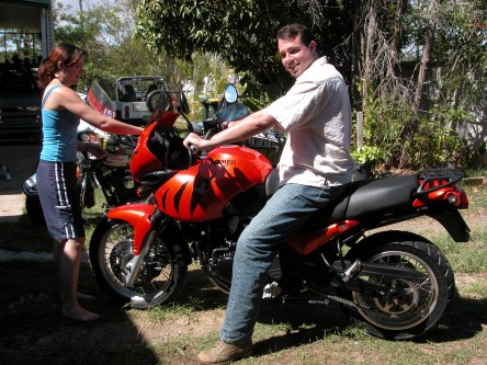 Our son John, his new Triumph Tiger motorcycle and our daughter Jenny