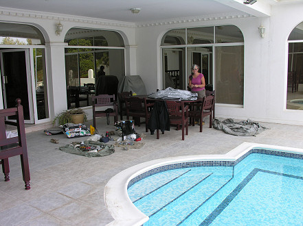 Sorting out parts next to the pool