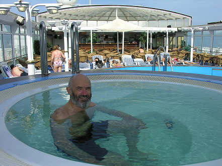 Relaxing in the jacuzzi, shipboard, on the way to Cadiz