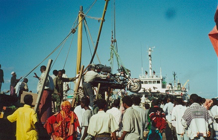 Unloading the motorcycle in Djibouti