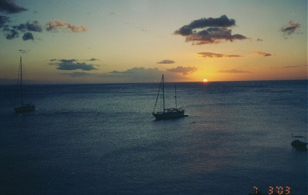 Sunset over our yacht