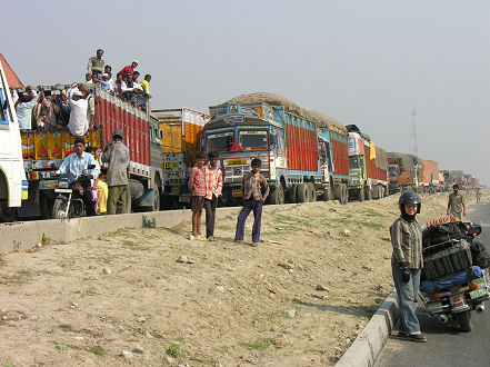 Trucks lined up waiting to cross a state border