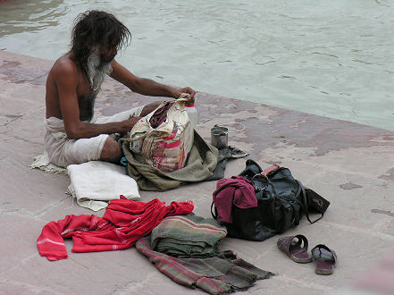 Pilgrim preparing to bath in the Ganges, Rishikesh