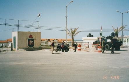 Showing Yasser Arafat's guards our motorcycle in The Gaza Strip