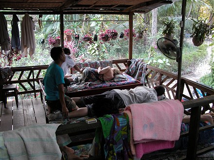 A Lao massage after a sauna in a lovely setting at a Wat in Nong Khai