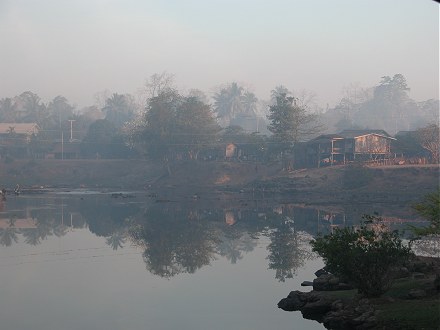 Morning view from the hotel room in a mountain village, Bolaven Plateau