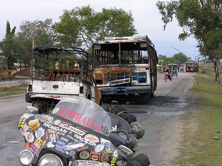 Burnt out vehicles in Lahan