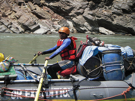 Chickens tied to the gear raft