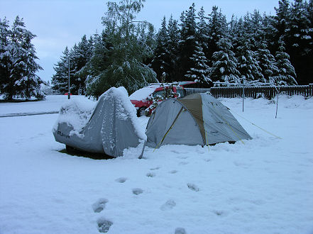We had shaken the snow off the tent but not the motorcycle cover.