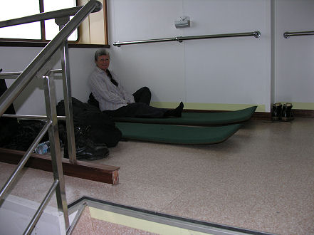 A clean spot at the top of the stairwell for a bed on the ship