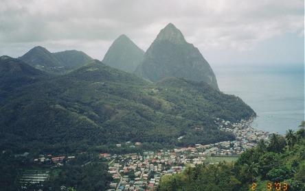 Two volcanic plugs, the Pitons, in rainforest