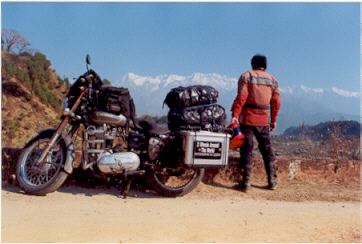 Bullet, Greg, and mountains in India.