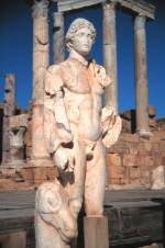 Statue in the Law Courts theatre at Leptis Magna Roman ruins, Libya.