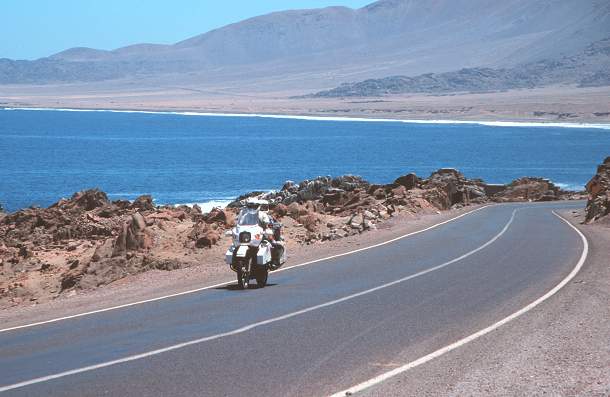 The northern coast of Chile, Atacama desert on one side, ocean the other. We turned around for the photo opp.