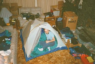 Grant in tent in Gerri's basement, Spokane.