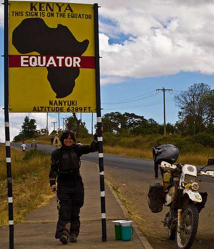 Danielle Murdoch crossing the Equator near Nairobi, Kenya.