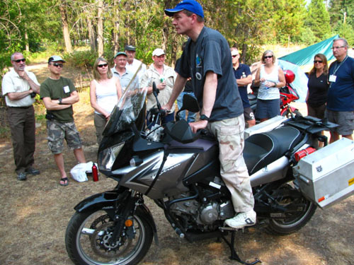 Andy Miller demonstrates bike ergonomics at the HU Canada 2009 meeting.