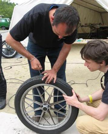 Changing a tire.