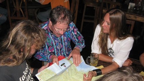 Map studying and trading information on riding in the Golden Triangle of Thailand went on throughout the evening.