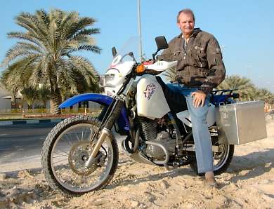 Bob West and his DR650 ready to go, in Dubai.