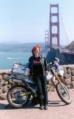 Lois Pryce at the Golden Gate, San Francisco.