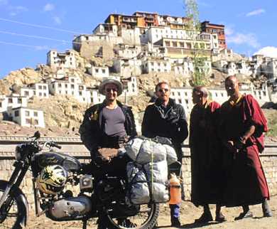 Chris Bright, Paul Mason, monks,CB's enfield (called britney) and 2 monks who knew that Enfields make a buddha buddha sound, just south of Leh, Ladakh.