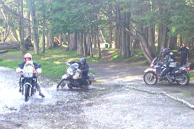 Hair pin bend through river at Fin del Mundo Cross speedway event.