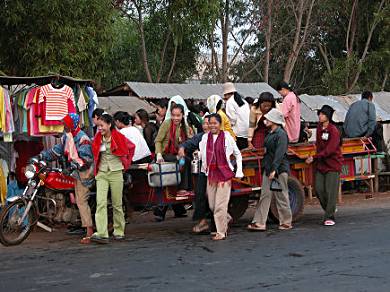 Motorcycle trailers in Cambodia.