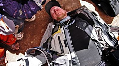 Allan Karl, self portrait after breaking his leg in Bolivia.