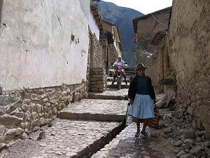 August: by Sheonagh Ravensdale, UK; of Pat Thomson, UK; The Hostal promised us there was good bike parking, Ollantaytambo, Peru, Honda Falcon NX400.