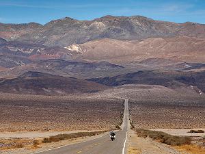 October: by Pierre Saslawsky, France; of Merritt Grooms, USA; Riding through Death Valley, California, on our RTW tour on two 2002 F650GS Dakar.