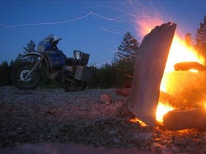 by Mark Stowe, UK; Camp fire on the road to Jaktusk on our 2006 RTW tour, Yamaha XT600.