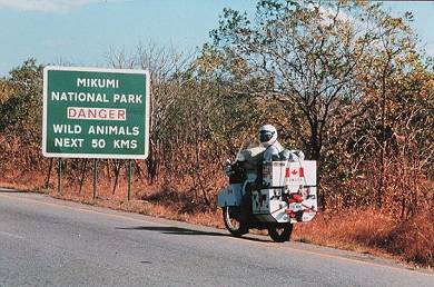 Perils of being a pillion - Susan hops off the bike to shoot Grant in Mikumi National Park in Tanzania in 1997!