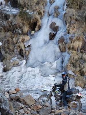 Amazing frozen waterfall up rocky Sani pass in Lesotho.