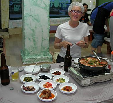 Jo gets set for the fish hot pot. We wasted no time in getting our bellies around some great Korean tucker.