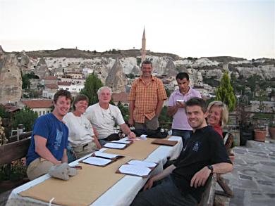HU bikers meeting in Cappadocia - Mike, Belinda, Pat, Stephan, waiter, Regina and John.