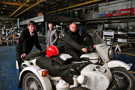 Hubert Kriegel at the Irbit factory with sidecar.