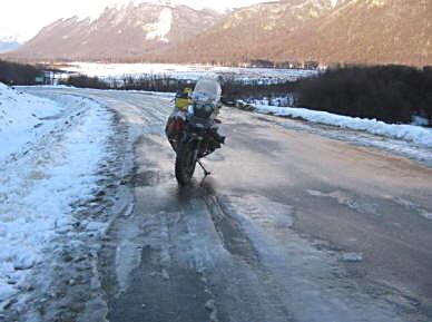 Bike on icy roads in Ushuaia.