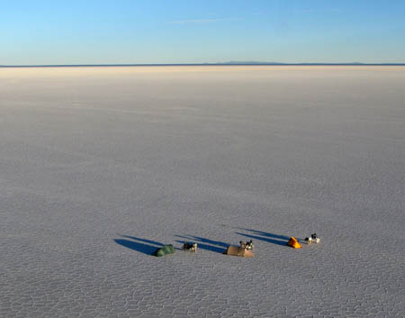 by Thierry Wilhelm, Switzerland. Camping on the Salar de Uyuni, Bolivia, on RTW-tour.