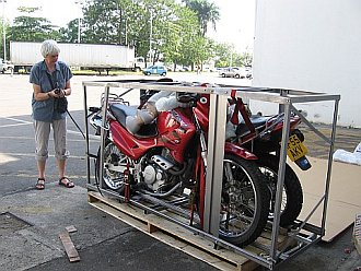 Pat unpacking bike at airport in Panama.