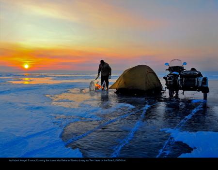 Cover by Hubert Kriegel, France, Crossing the frozen lake Baikal in Siberia, during my 'Ten Years on the Road!', 2WD Ural.