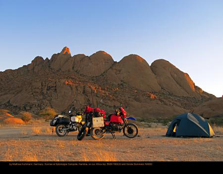 October by Matthias Kuhlmann, Germany, Sunrise at Spitzkoppe Campsite, Namibia, on our Africa trip, BMW R80GS and Honda Dominator NX650.